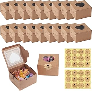 JOYSKY 18 Pcs Brown Cupcake Boxes Paper Cake Box Bakery Pastry Boxes with Windows and 24 Stickers Kraft Candy Boxes for Cupcakes Desserts Pastries Cookies Small Cakes Candy Pies & Gifts