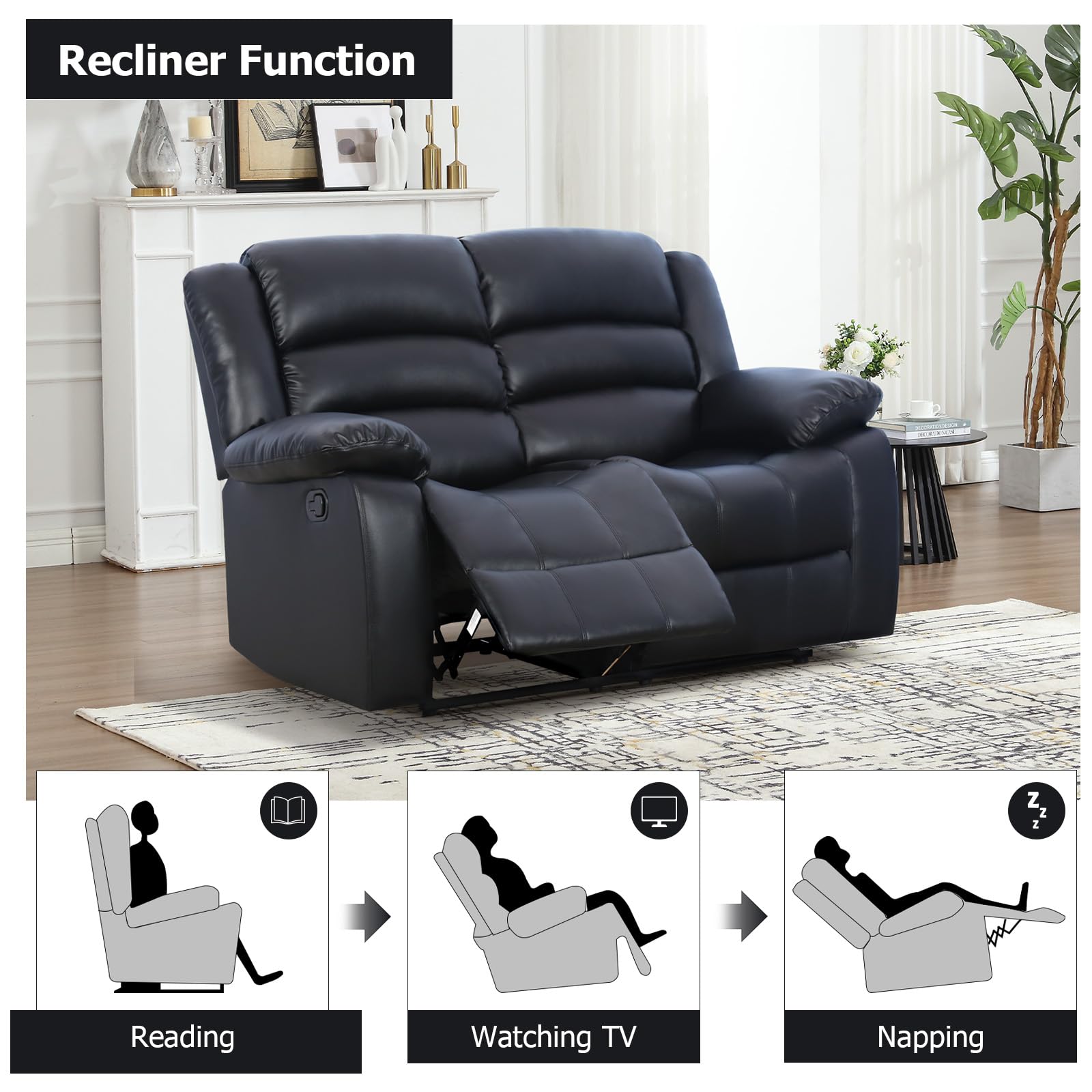 EBELLO Manual Loveseat Recliner Sofa, Faux Leather Reclining Couch with Overstuffed Arms and Back, Double Seat Recliner Couch for Living Room, Meeting Room, Black view 4