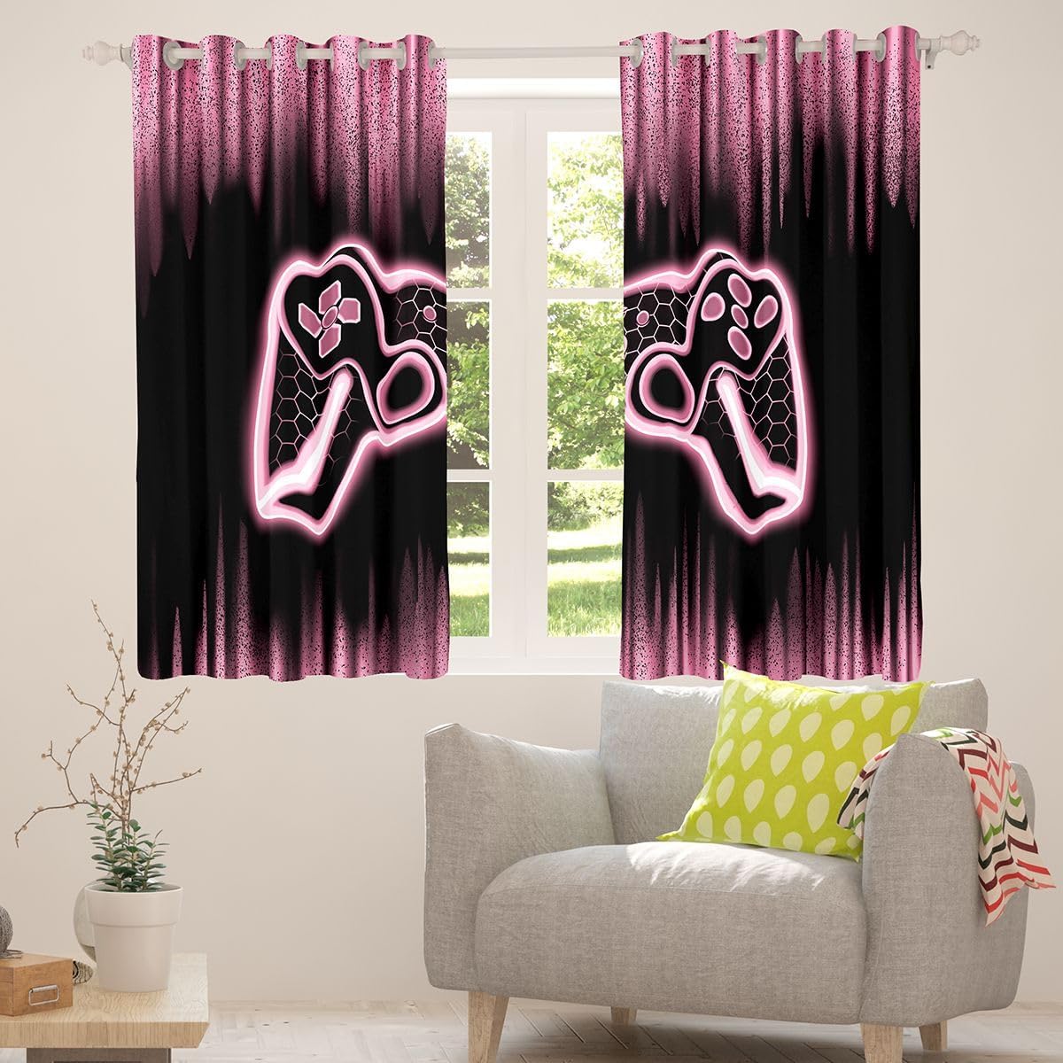 Feelyou Gamer Curtains for Bedroom Living Room (2 Panels, 52 x 63 Inch) Kids Game Controller Blackout Curtains Boys Teens Pink Black Darkening Drapes Gaming Window Treatments