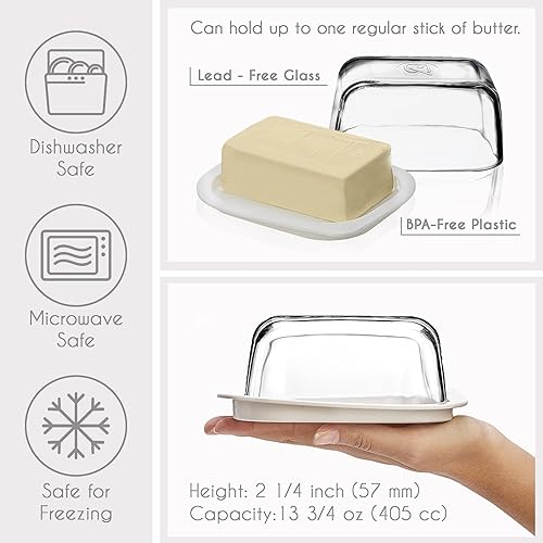 Miniatura 5 de Crystalia Mantequillera con tapa, grande de plástico con cubierta de vidrio, bonito soporte para barra de mantequilla europea, bandeja de