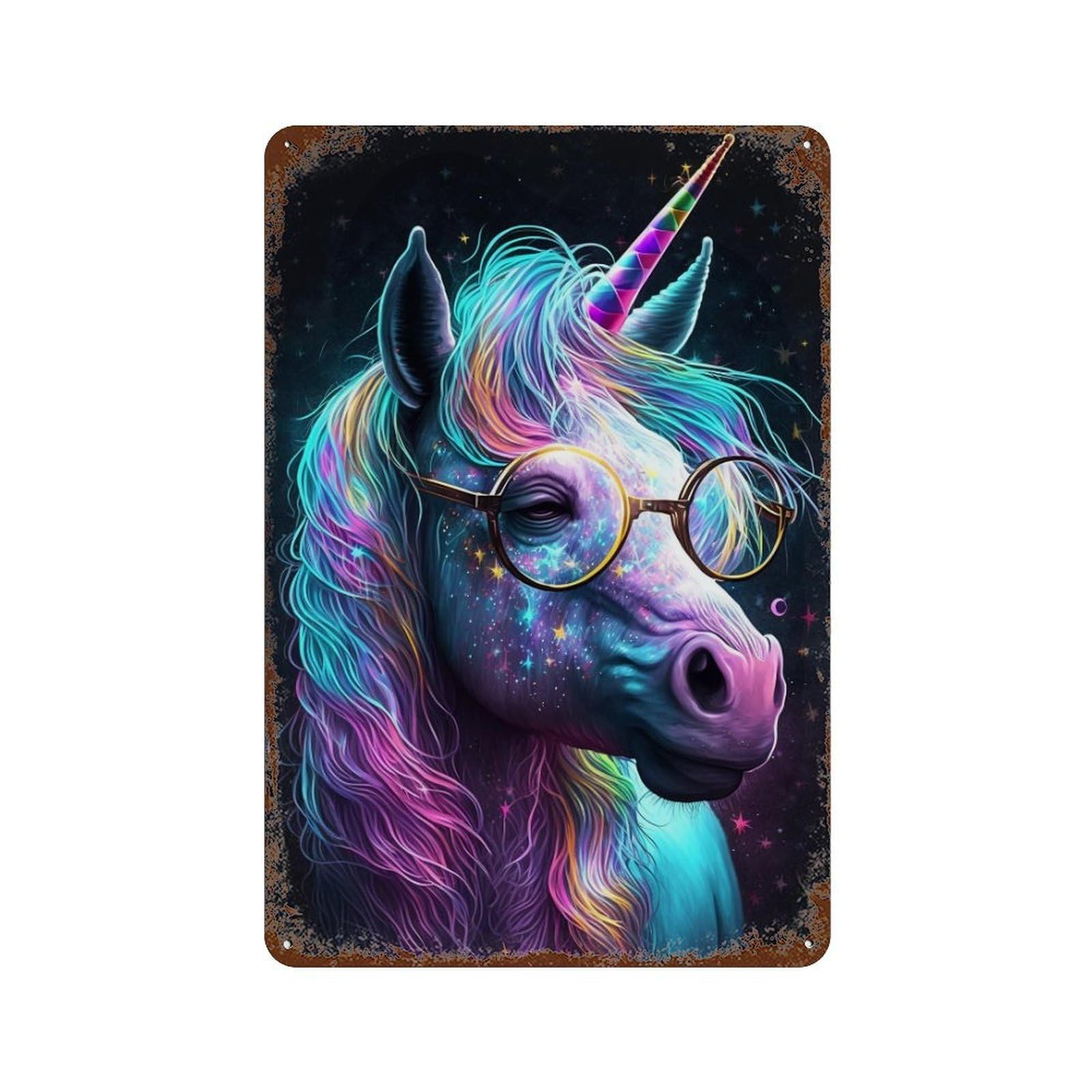 Colorful Unicorn Glasses Art Print-3 Rustic Tin Plaque 11.8"x7.9", Industrial Home Decor for Pub, Kitchen And Man Cave Decor