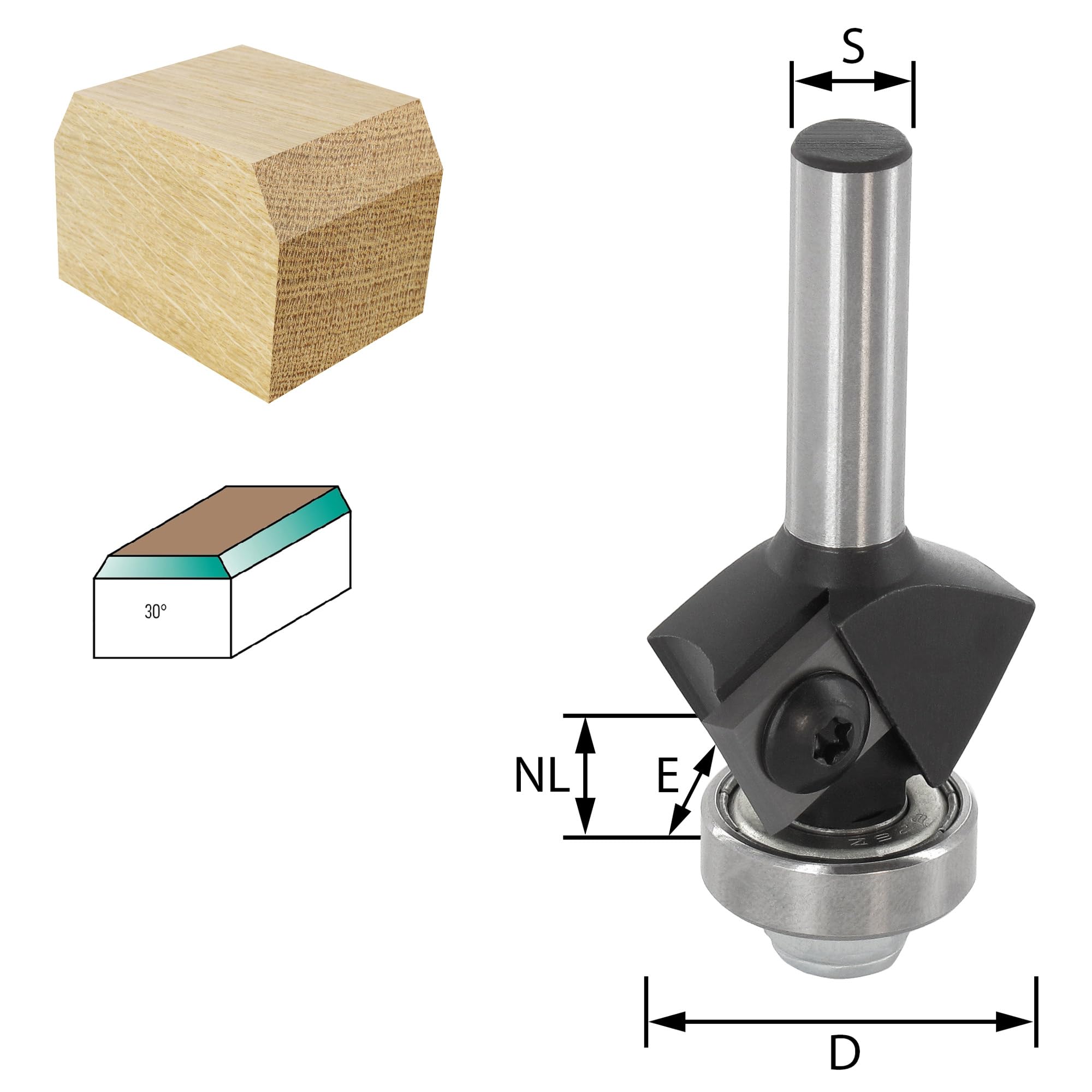 ENT 20292 Plytki frezy fazujace weglikowe, chwyt (S) 8 mm, srednica (D) 29 mm, NL 12 mm, E 30°, z lozyskiem kulkowym