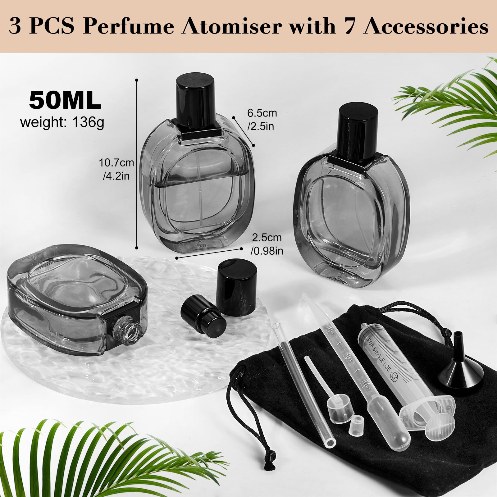 3-częściowy atomizer 50 ml z torebką, puste okrągłe buteleczki na perfumy ze szkła dla mężczyzn i kobiet, przezroczysta czarna torebka na perfumy do ładowania podczas podróży do zapachów