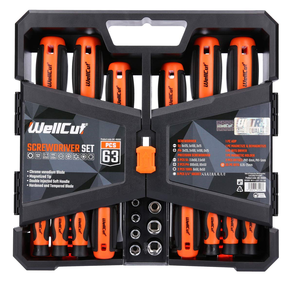 WELLCUT WC-RSD63 63-Piece Precision Ratchet & Non-Slip Handle Screwdriver Set & Magnetic Bit Tips Sturdy Steel in a Portable Case for DIY and Professional Application