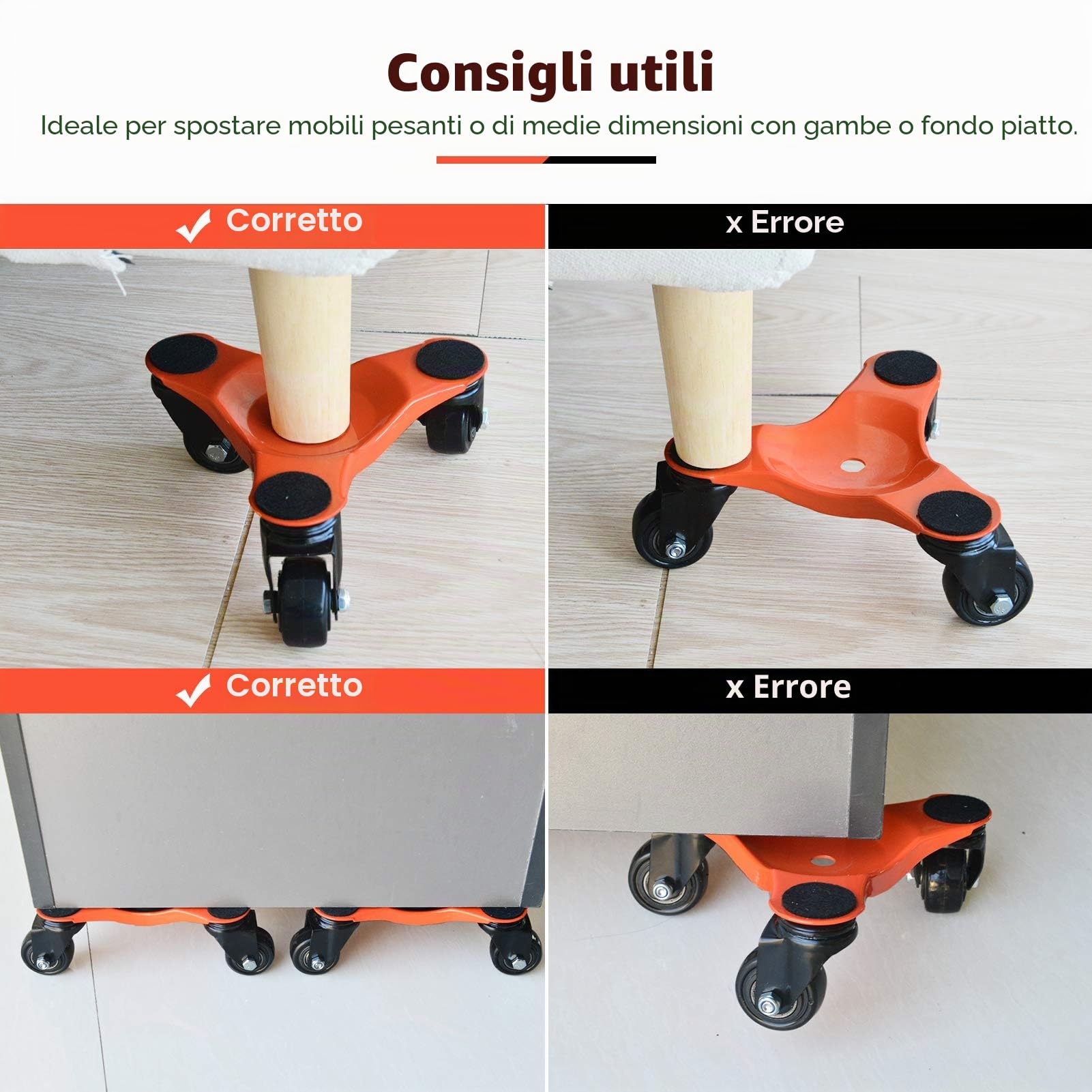 Ronlap Rullo di trasporto per mobili da 200 kg, 9 pezzi 4 rulli per mobili e 1 sollevatore di carico e 4 dispositivi di sollevamento, ausilio per lo spostamento di mobili pesanti, Arancione
