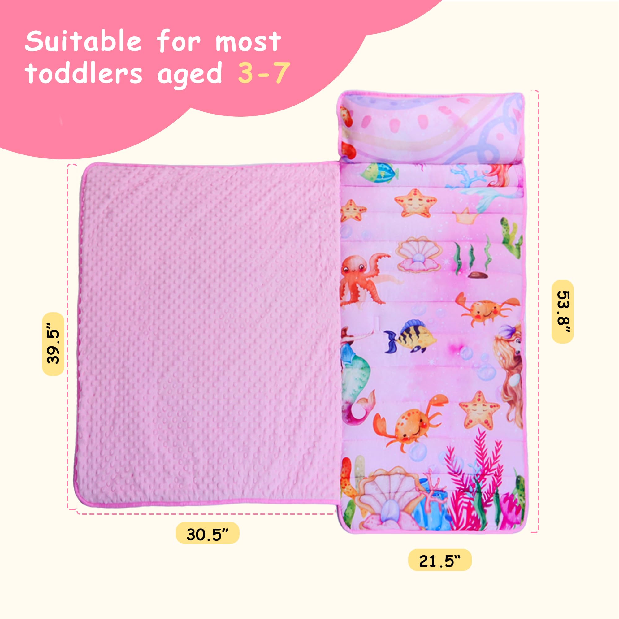 Lydaz Toddler Nap Mat with Pillow and Blanket, Sleeping Bag for Preschool, Large Mermaid Sleep Mats for Kids Daycare, Rollup Design Slumber Bag for Travel, Camping, Birthday Gift for Girl Age 3-7 Year