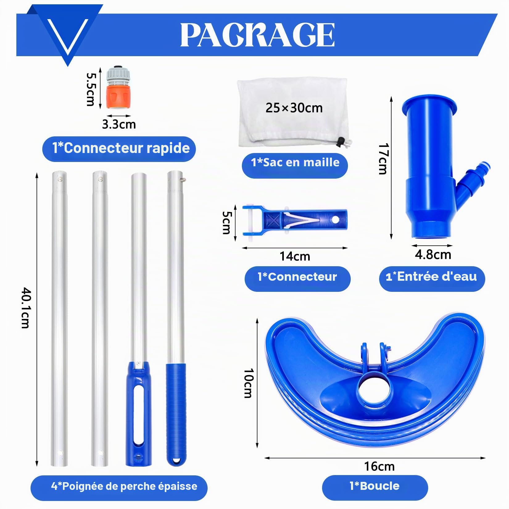 Idota Aspirateur de piscine 160 cm avec brosse incurvée élargie, 4 barres en aluminium rallongées amovibles et renforcées, pour fond de piscine