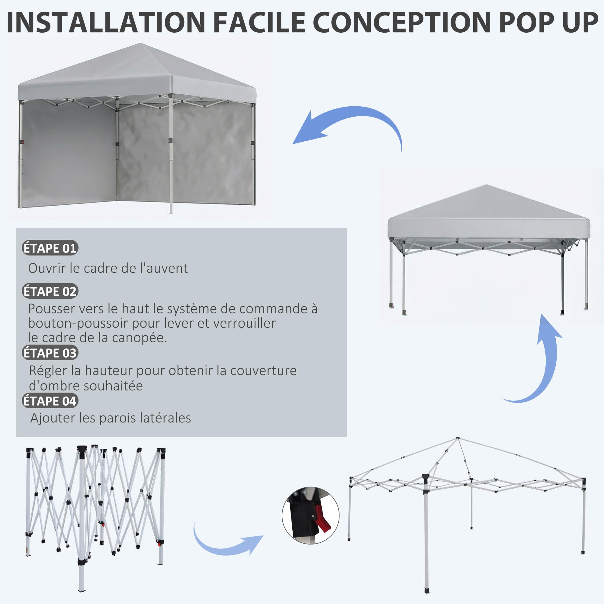Outsunny Tonnelle de Jardin Pop-up Pliant Barnum réglable en Hauteur Protection UV 30+ 2 parois latérales - Sac de Transport Inclus - pour fête, événement Plein air - 297 x 297 x 288 cm Gris Clair