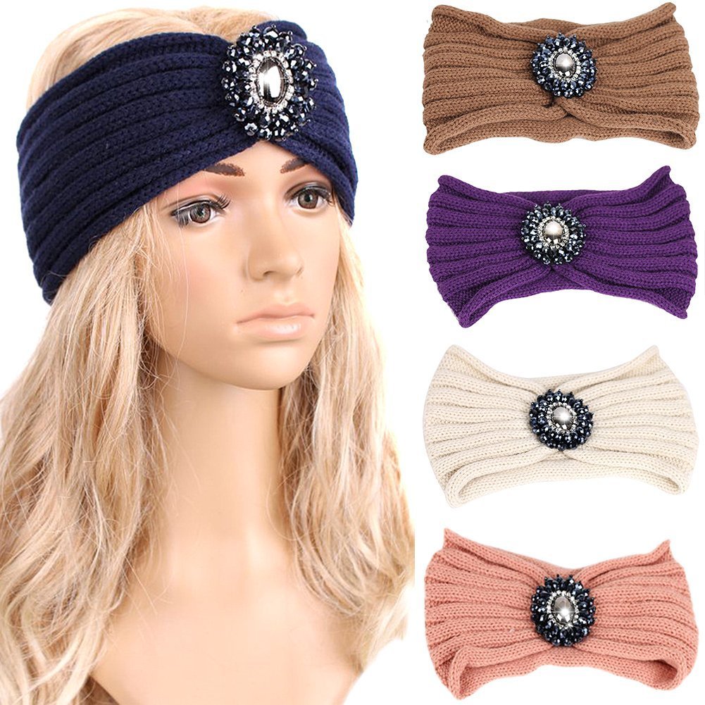 Damen Stirnband Winter - Vintage Gestrickt Mit Strass, Turban-Ohrwärmer In Beige (Acryl, Für Alltag & Style)