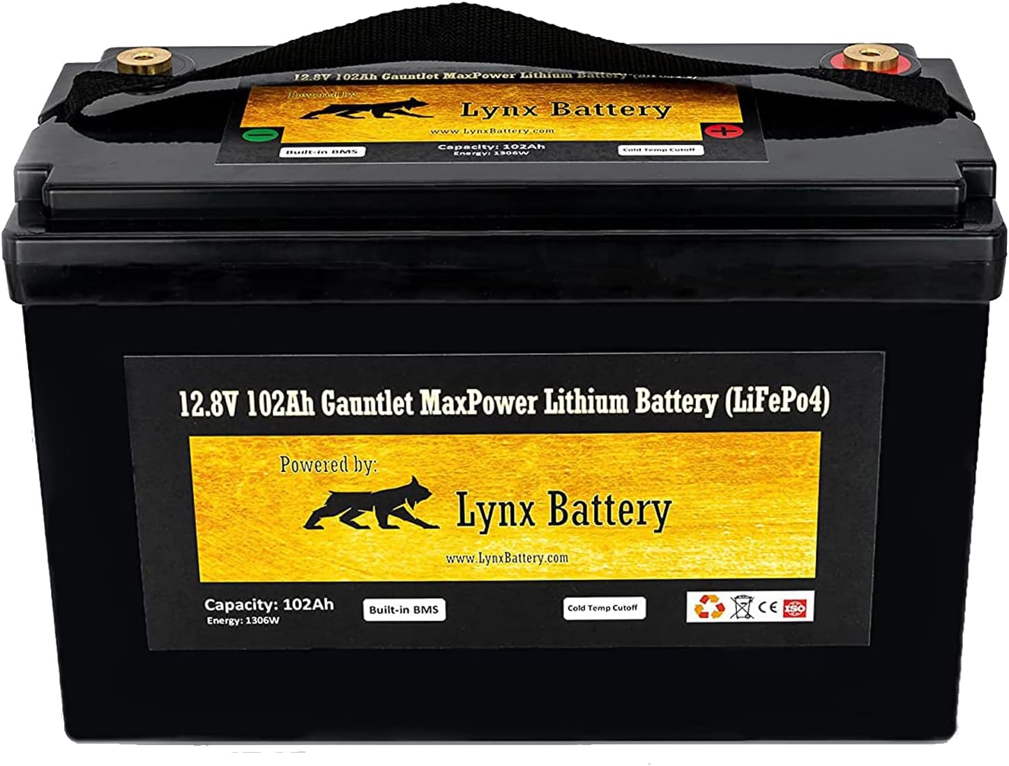 Lynx Battery 12V 100Ah Lithium Iron Phosphate LiFePO4 Battery, BMS, (68) 32700 High Redundancy HQR Cells, Provides Long Life/Heat Dissipation/Non Swelling/Extended Life