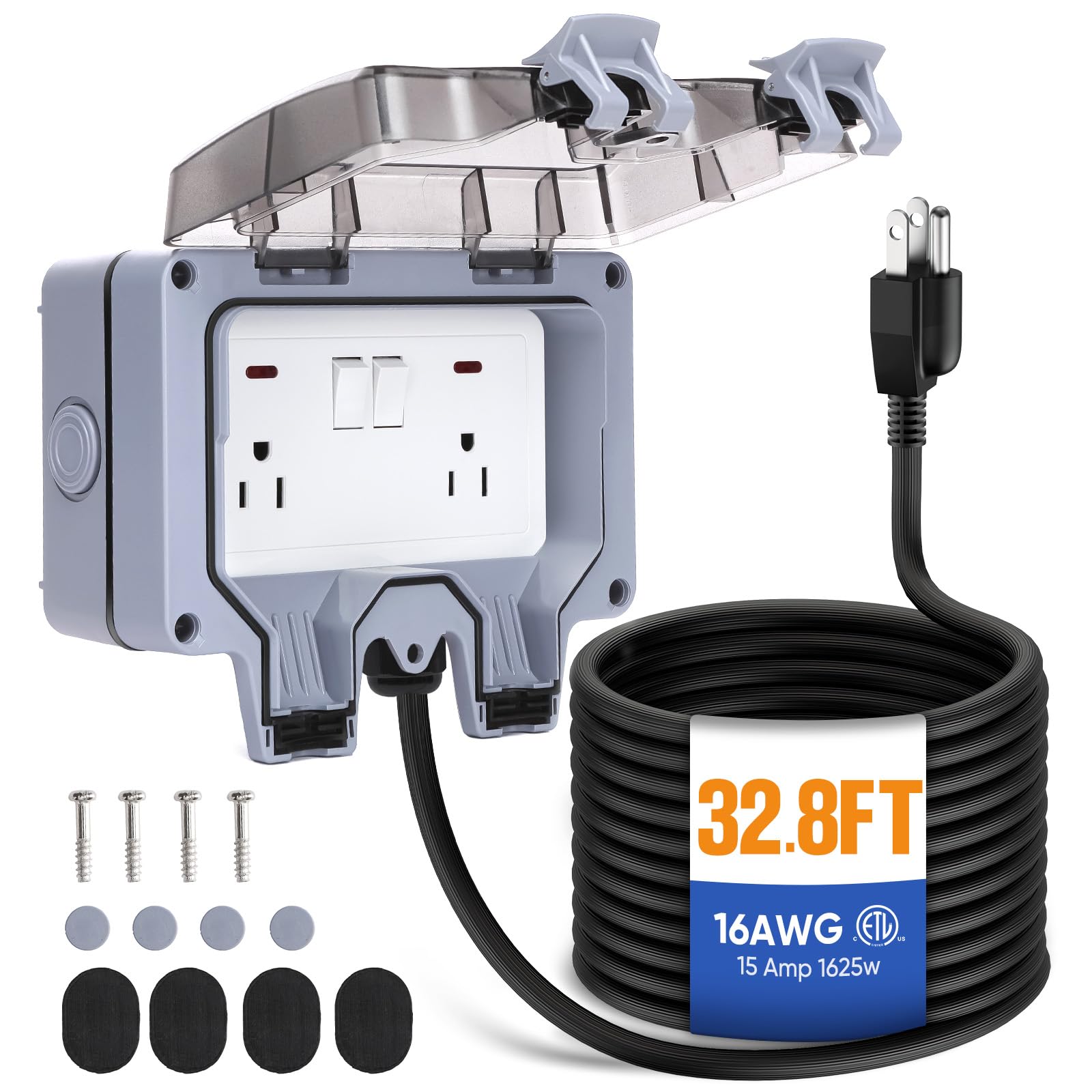 XINYIELE Outdoor Power Outlet,Outdoor Extension Cord Waterproof Double Wall Outlet Extender with On-Off Switch and Indicator Light，Exterior Electric