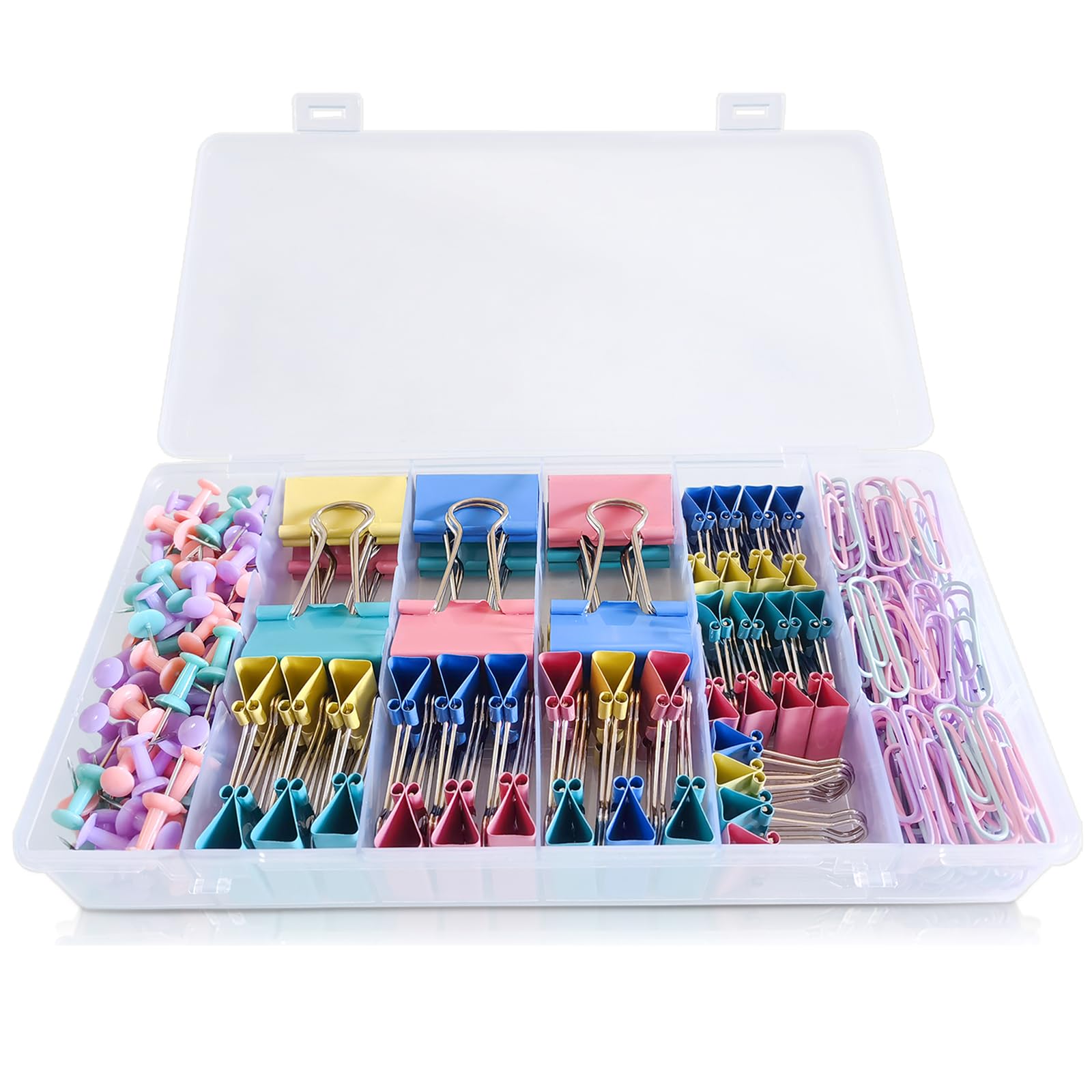 Paper Clips and Binder Clips Assorted Sizes, 240 PCS Colored Office Clips Set Large Medium Small Paper Clamps Paperclips Push Pin Thumb Tacks, College Supplies Home Office Supplies Document Organizing