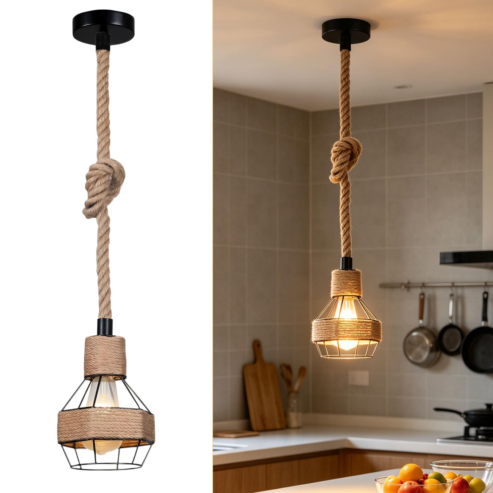 ACAREY Hanfseil Seillampe Seil Lampe, Lampenaufhängung Schwarz, Lampenfassung E27 mit Kabel, Lampenkabel mit Fassung, Outdoor Lampe Hängend, für Küche, Esszimmer, Café (A)