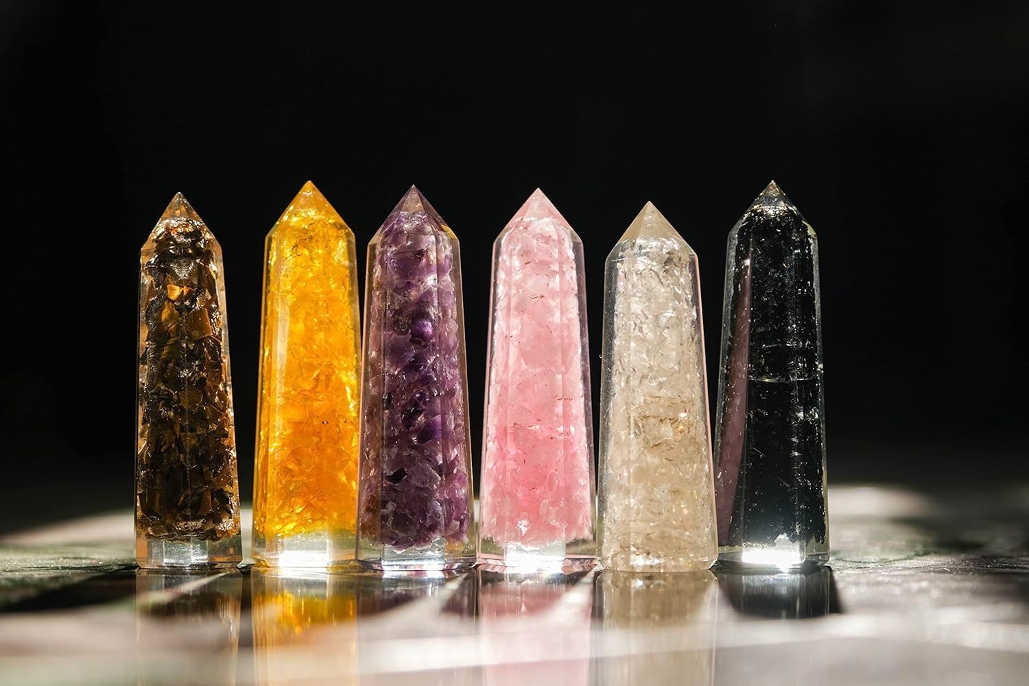 Healing Orgonite Crystal Wand Set of 6 – 3.5” Amethyst, Tiger’s Eye, Rose Quartz, Black Tourmaline, Citrine & Clear Quartz Wands – Reiki Energy Generator with Free Black Tourmaline Necklace