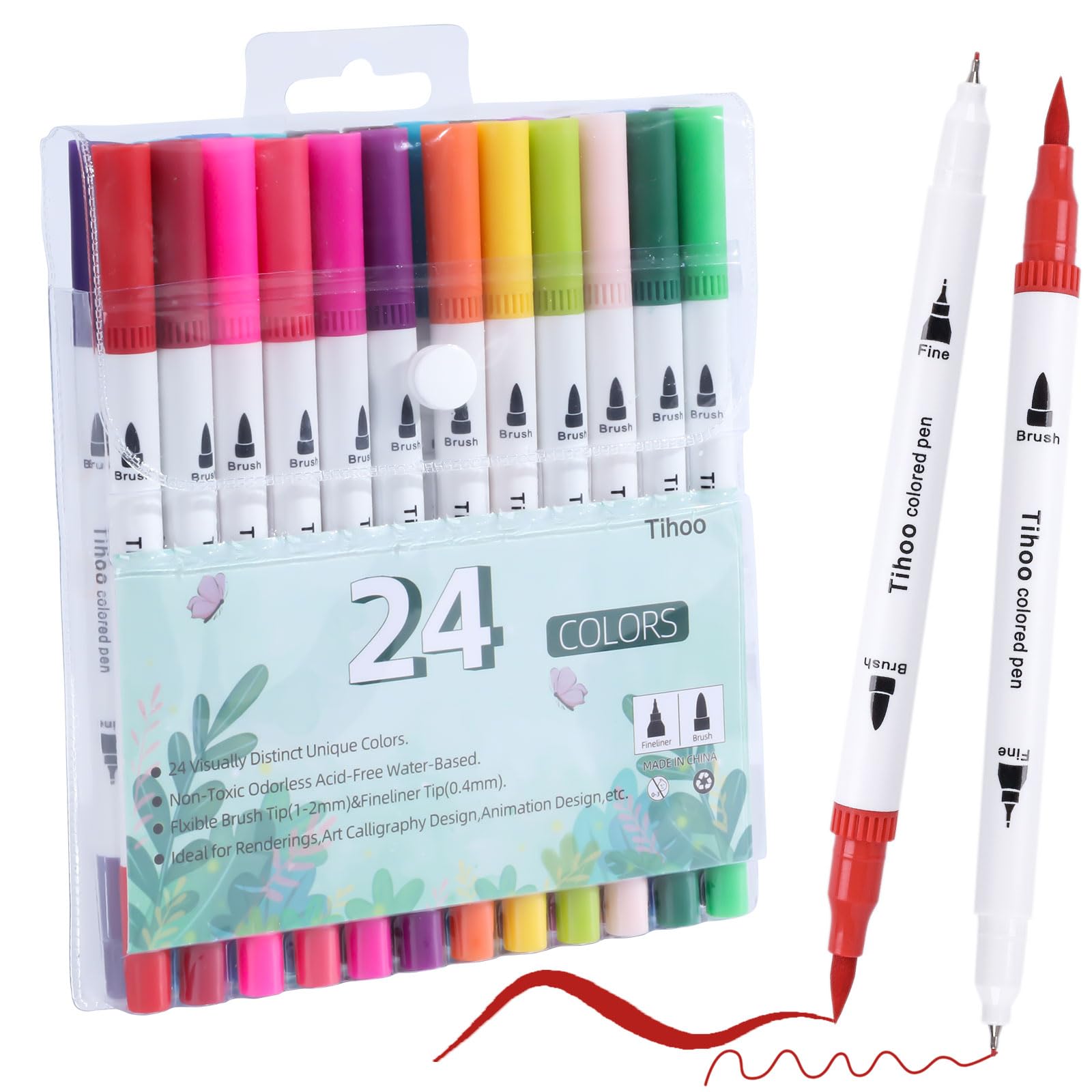 Tihoo24 Colors Dual Brush Markers, Brush & Fine Tip Art Coloring Markers for Coloring and Note Taking, Friendly to Kids/Adults, Suit forArt School/Office/Home