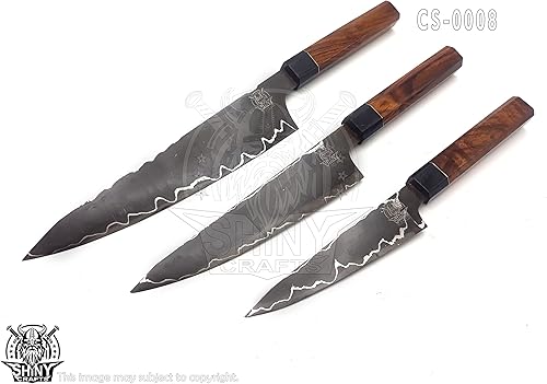 Miniatura 3 de SHINY CRAFTS Juego de cuchillos de cocina hechos a mano de Damasco con mango de madera y hoja de acero de Damasco, cuchillos de chef con rollo de