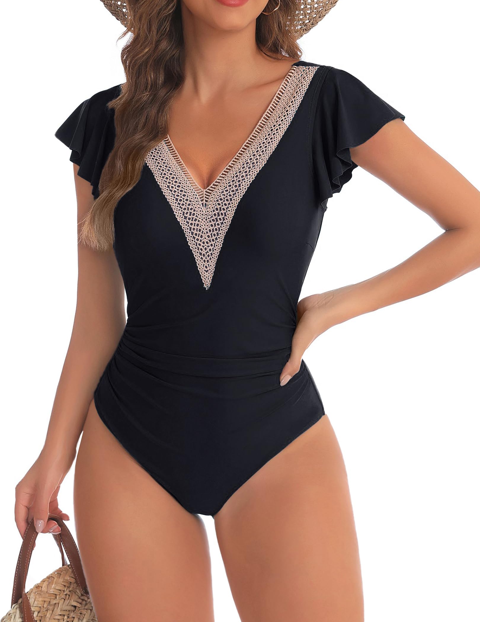 AI'MAGE Women's One Piece Swimsuits Lace Sexy V Neck Bathing Suit Ruffle Cap Sleeve Tummy Control Monokini Swimwear S-XXL