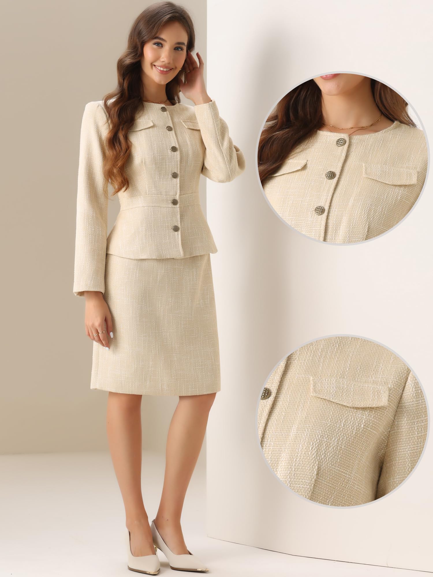 Allegra K Tailleur Donna Eleganti Completo Maniche Lunghe Giacca E Gonna 2 Pezzi Set Gonna da Lavoro da Ufficio