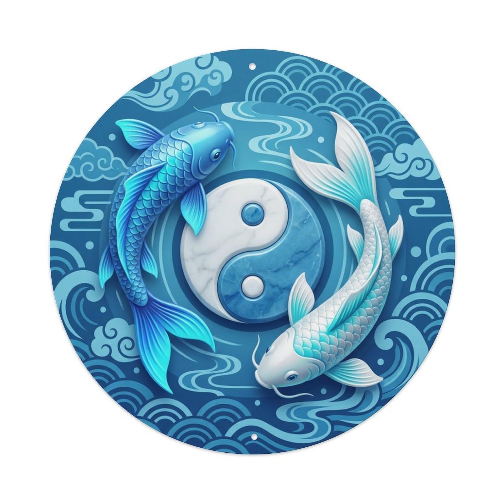Metal Tin Sign Tai Chi Koi Fish Cerulean Blue