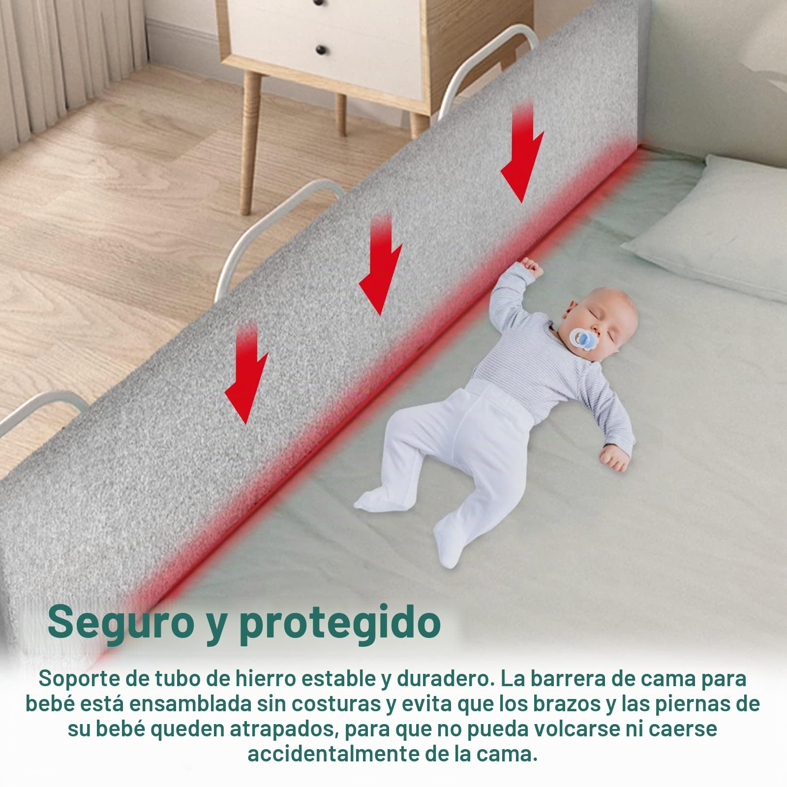 ACXIN Barrera de cama para bebé, deformable, protección anticaídas, altura ajustable, para cama familiar y cuna (180 cm, color gris lino)