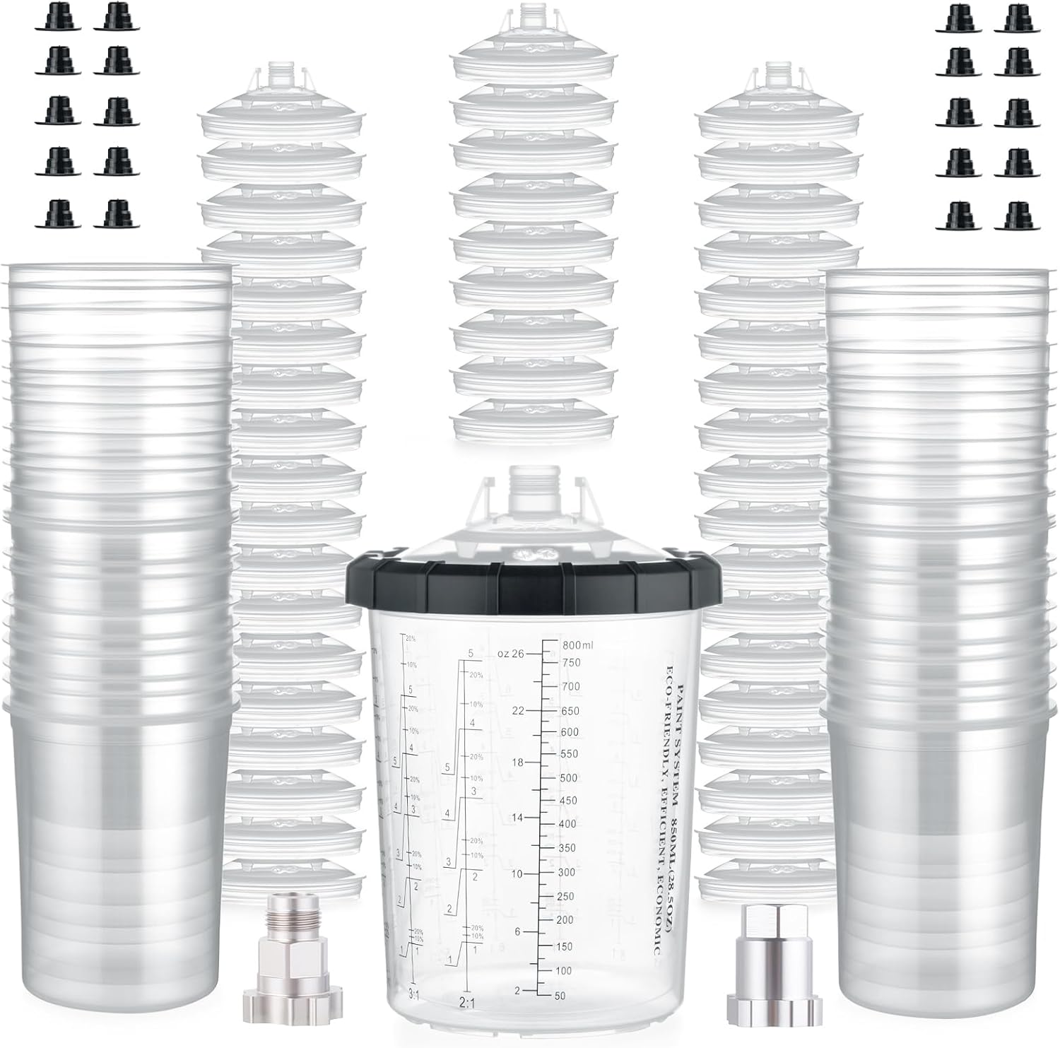 AEROPRO TOOLS Disposable Paint Cups Liners and Lid System, 50 Pack 22 Ounce (650ml) Kit for Spray Gun - 50 Liners, 50 Lids With Strainer, 1 Hard Cup With Retainer Ring, 20 Plugs, 2 Adapters