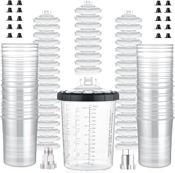 AEROPRO Tools Disposable Paint Cups Liners and Lid System, 50 Pack 28 Ounce 800ml Kit for Spray Gun-50 Cup Liners, 50 Lids with Strainer, 1 Hard Cup with Retainer Ring, 20 Plugs, 2 Cup Adapters