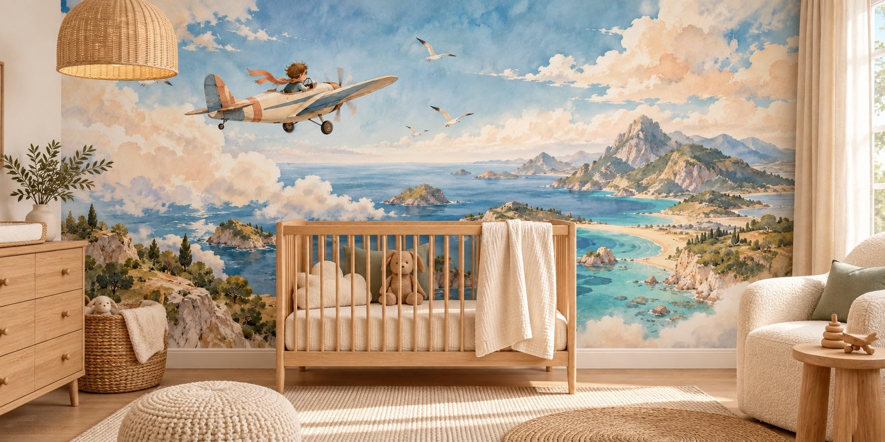 MOOGCO Küstenentdecker Fototapete, Wandbild zum Abziehen und Aufkleben für das Kinderzimmer, Aquarell Flugzeug am Himmel Tapete für das Babyzimmer, 120 x 100 in