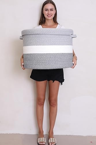 Miniatura 165 de Cesta de almacenamiento extra grande de 16 x 16 x 18 pulgadas con tapa, cestas de almacenamiento de cuerda de algodón, canasta de lavandería, Gris