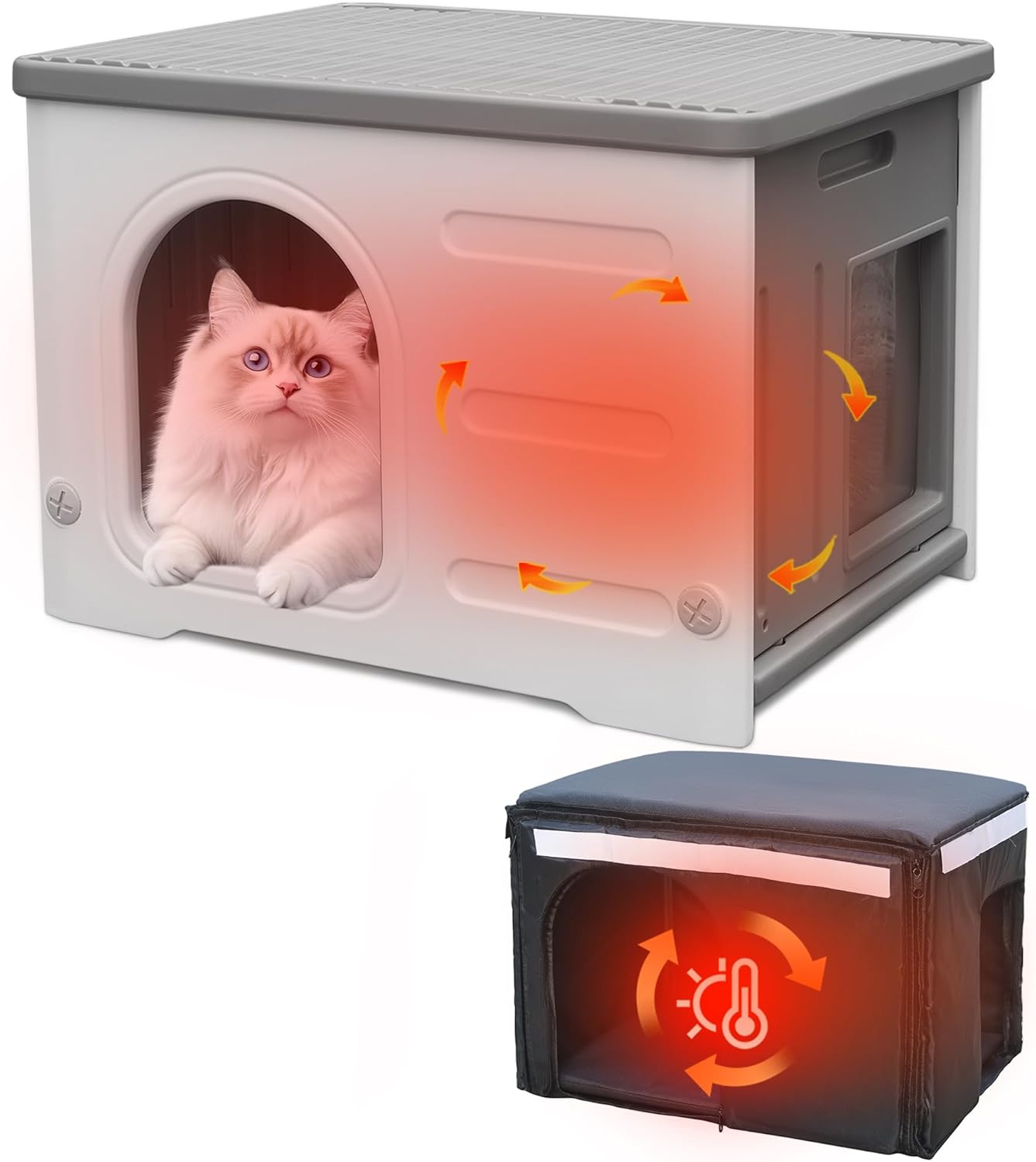 Insulated Cat House Outdoor Weatherpoof Plastic Cats Houses with Escape Door Indoor Waterproof Feral/Pet Cat Shelter Outside for Puppy, Rabbit for Winter Grey House + Insulated Liner