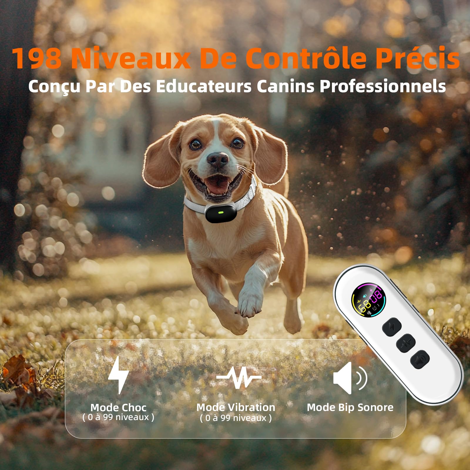 Collier d'entraînement Ultra-léger et Fin avec télécommande de 400 mètres, adapté aux Petits Chiens de 2,3 à 6,8 kg et aux Chiens de Taille Moyenne, (Blanc)