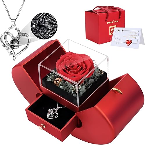 Miniatura 1 de Caja de rosa preservada con collar "I Love You" en 100 idiomas, regalos para ella, mamá, esposa, mujer, hermana, abuela, novia (rojo)