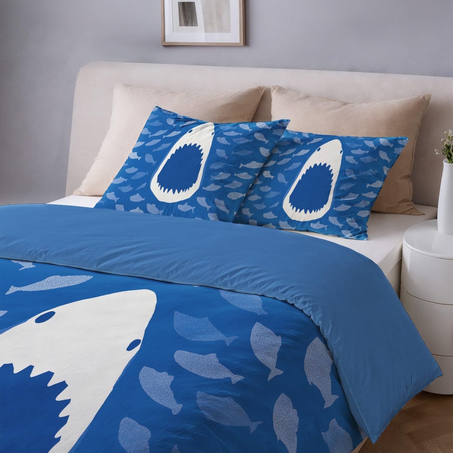 Funda Nordica Cama 90 Ropa de Cama Dibujos Animados Animales Tiburón de Compañía 2 pezzi Suave Reversible Microfibra por Funda Nórdica 135 x 200 cm + Fundas de Almohada 50x75 Azul