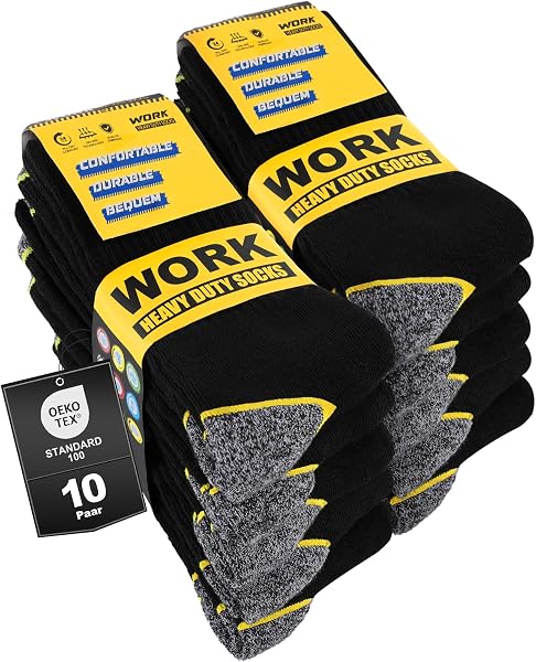 10 Paar Arbeitssocken Herren Socken, Gepolsterte Verstärkte WORK Socken, Atmungsaktiv Funktionssocken mit Komfortbund, Lange Work Socks - 1