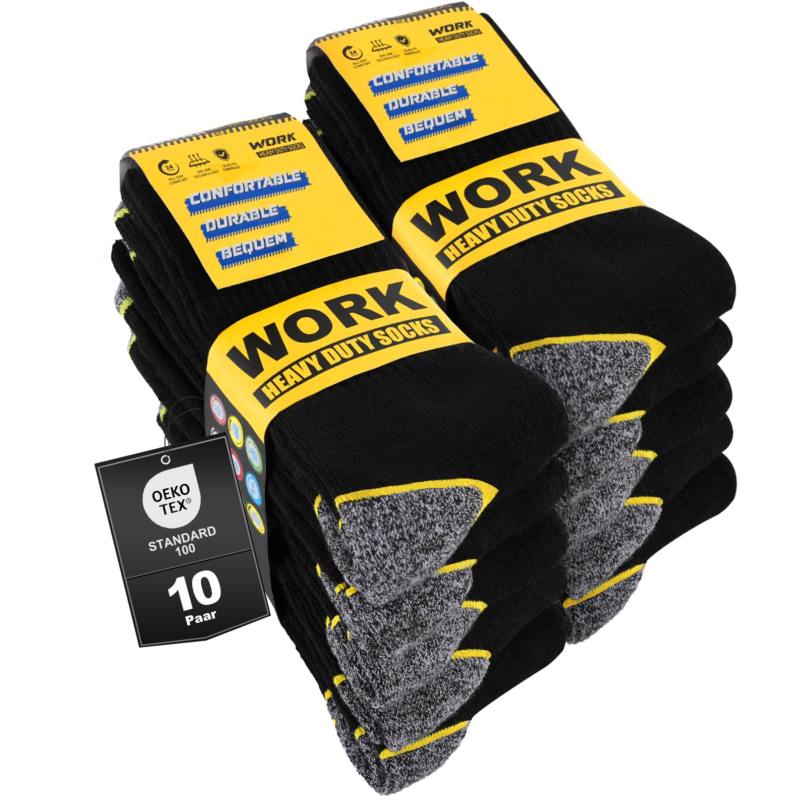 10 Paar Arbeitssocken Herren Socken, Gepolsterte Verstärkte WORK Socken, Atmungsaktiv Funktionssocken mit Komfortbund, Lange Work Socks