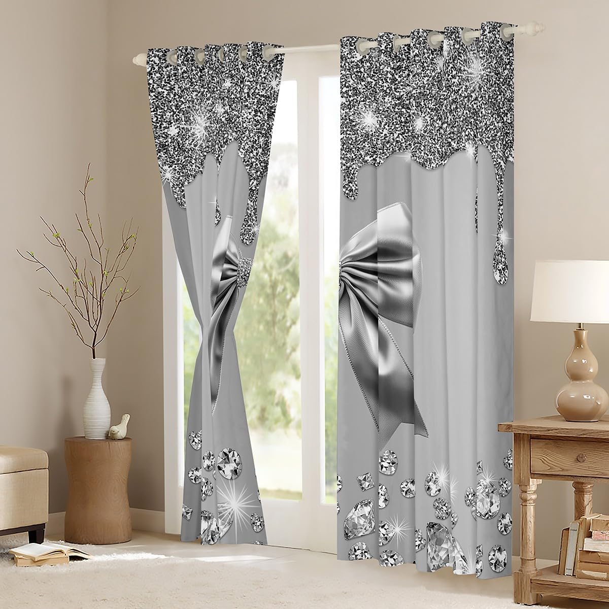 Grey Bow Knot Blackout Curtains for Living Room,Grey Glitter Diamond Window Curtains 2 Panels 42"Wx90"L Inch,Sparkling Cute Ribbon Bow Watercolor Bow Tie Dreamy Gray Bowknot Window Treatments Drapes