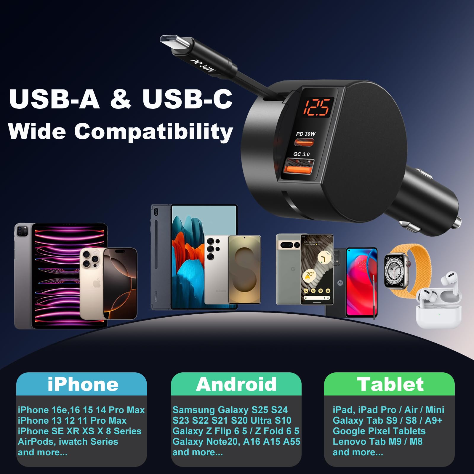 OKRAY Paquete de 2 cargadores retráctiles de coche de 78 W y 3 puertos con 2 cables de carga USB C en espiral