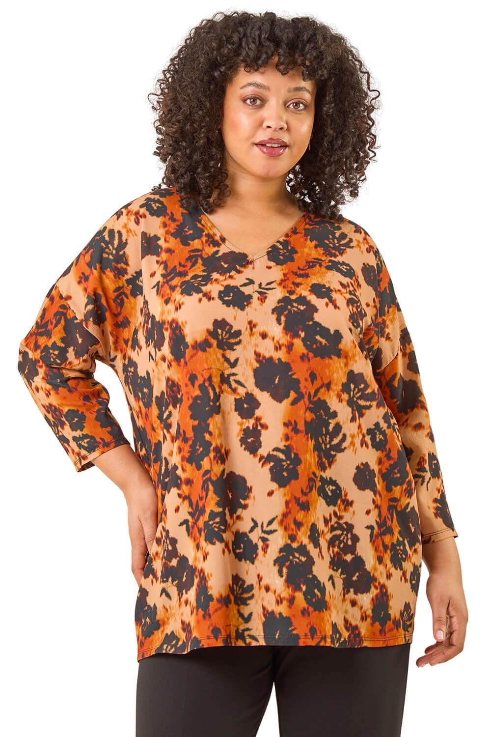 Roman Curve Watercolour V-Neck Stretch Top for Women UK - Ladies Autumn Everyday Winter Holiday V-Neckline Comfy 3/4 Sleeve Soft Tunic Shirt Office Work Blouses - Rust - Size 20