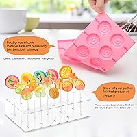 Vista 3 de Kit de 304 moldes de silicona para piruletas, moldes de caramelo rosa con 15 agujeros, soporte acrílico, palitos de 100P, bolsas, corbatas