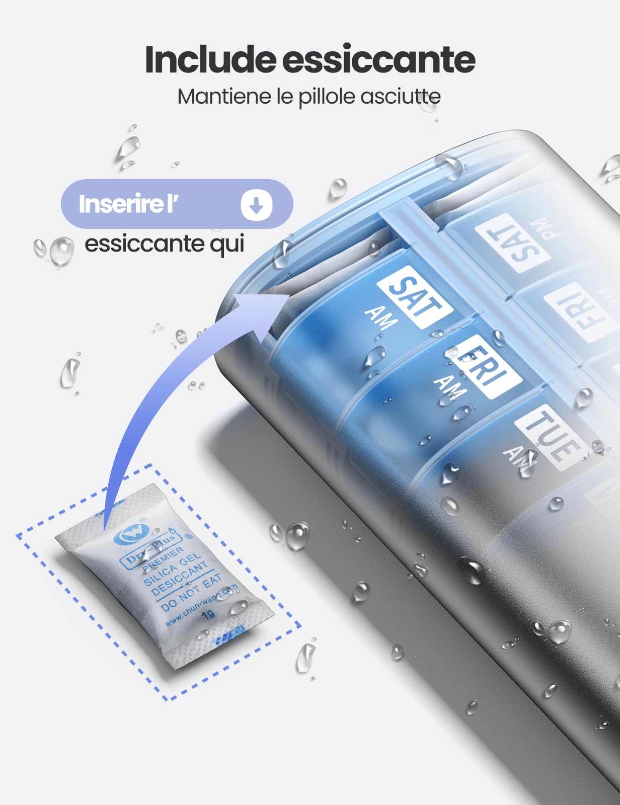 VAYDEER Portapillole AM PM 7 Giorni con Essiccante, Argento | Scomparti mattina e sera per sette giorni; la custodia compatta protegge e organizza pillole e integratori.