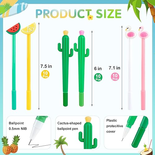 Miniatura 5 de 30 bolígrafos hawaianos Luau de tinta de gel negra de 0.020 in, lindo flamenco, sandía, cactus, limón, fruta, para niños, estudiantes, suministros
