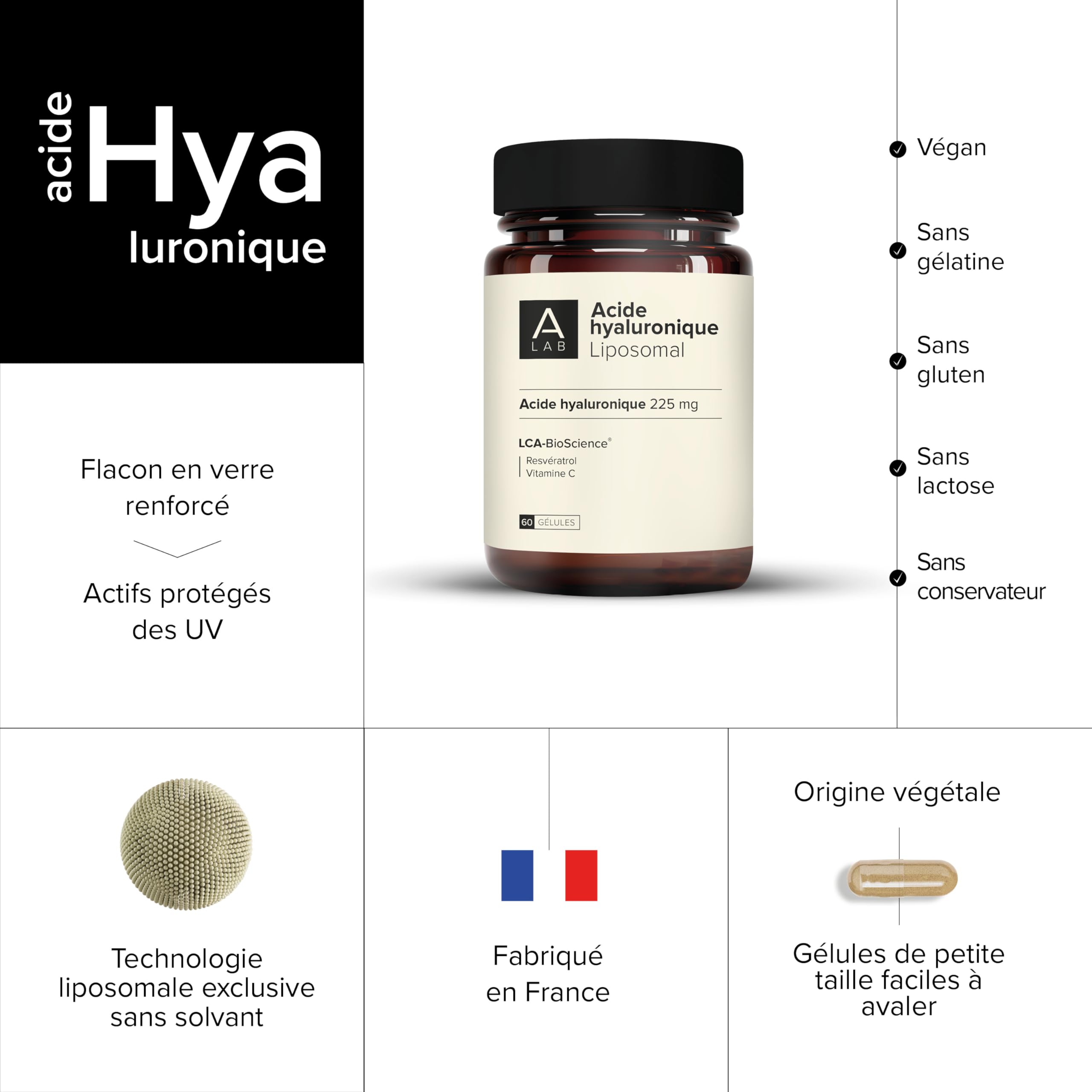 A-LAB Acide Hyaluronique Liposomal - Assimilation Renforcée - Complément Alimentaire Anti-Rides, Elasticité, Fermeté de la Peau - Resvératrol, 225 mg, 20 jours - Fabriqué en France