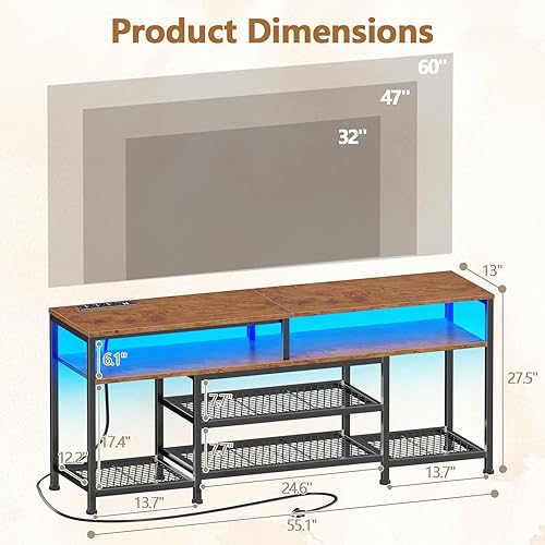 Miniatura 3 de Furologee Soporte de TV con tomas de corriente y luces LED, centro de entretenimiento de 55 pulgadas para televisores de 55 y 60 pulgadas, mesa