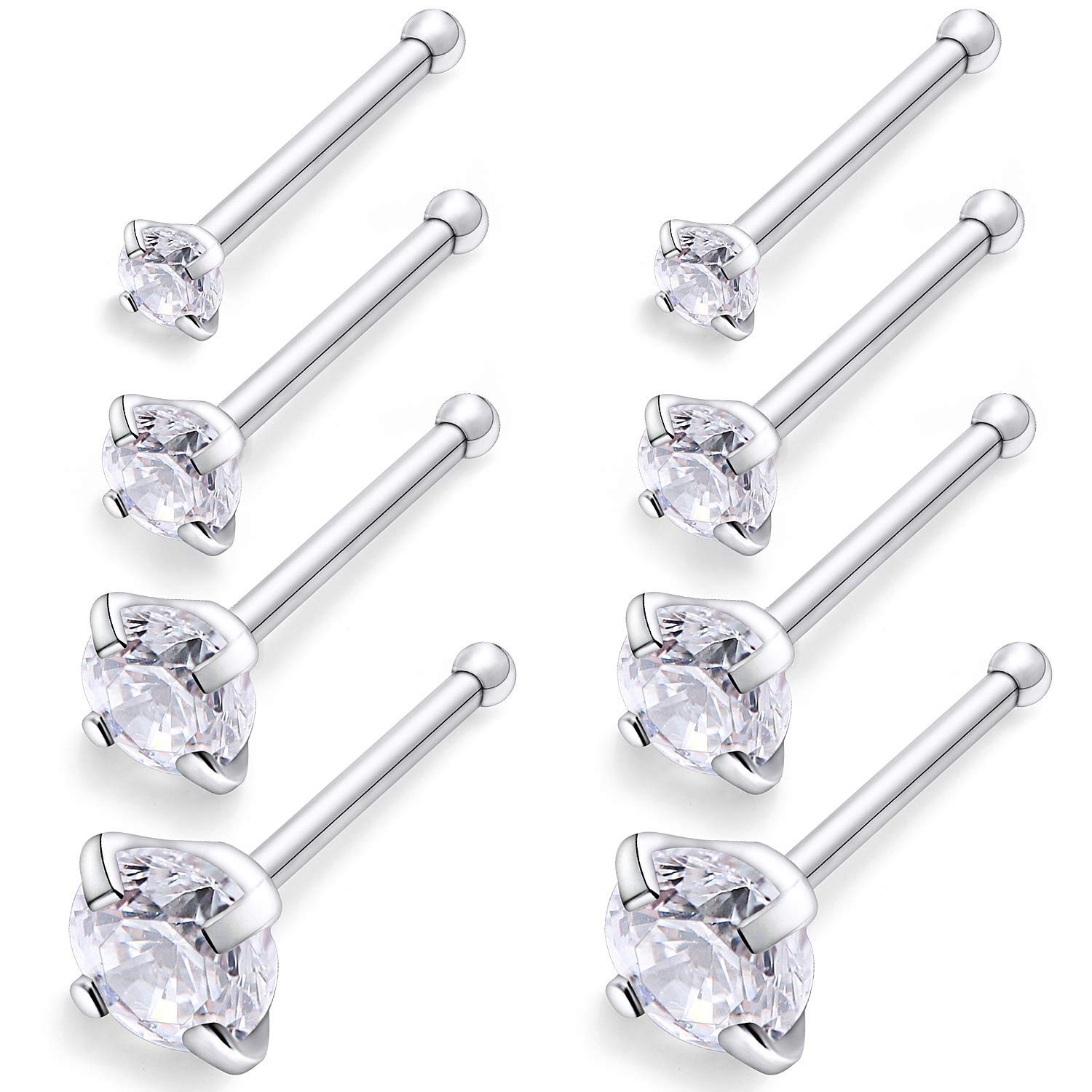 CisyoziCisyozi 18G 20G 22G Push in Nose Rings Stud Set 1.5mm 2mm 2.5mm 3mm Surgical Steel 4-Prong-Setting Diamond CZ Screw L Shaped Bone Nostril Piercing Jewelry 4 Pairs