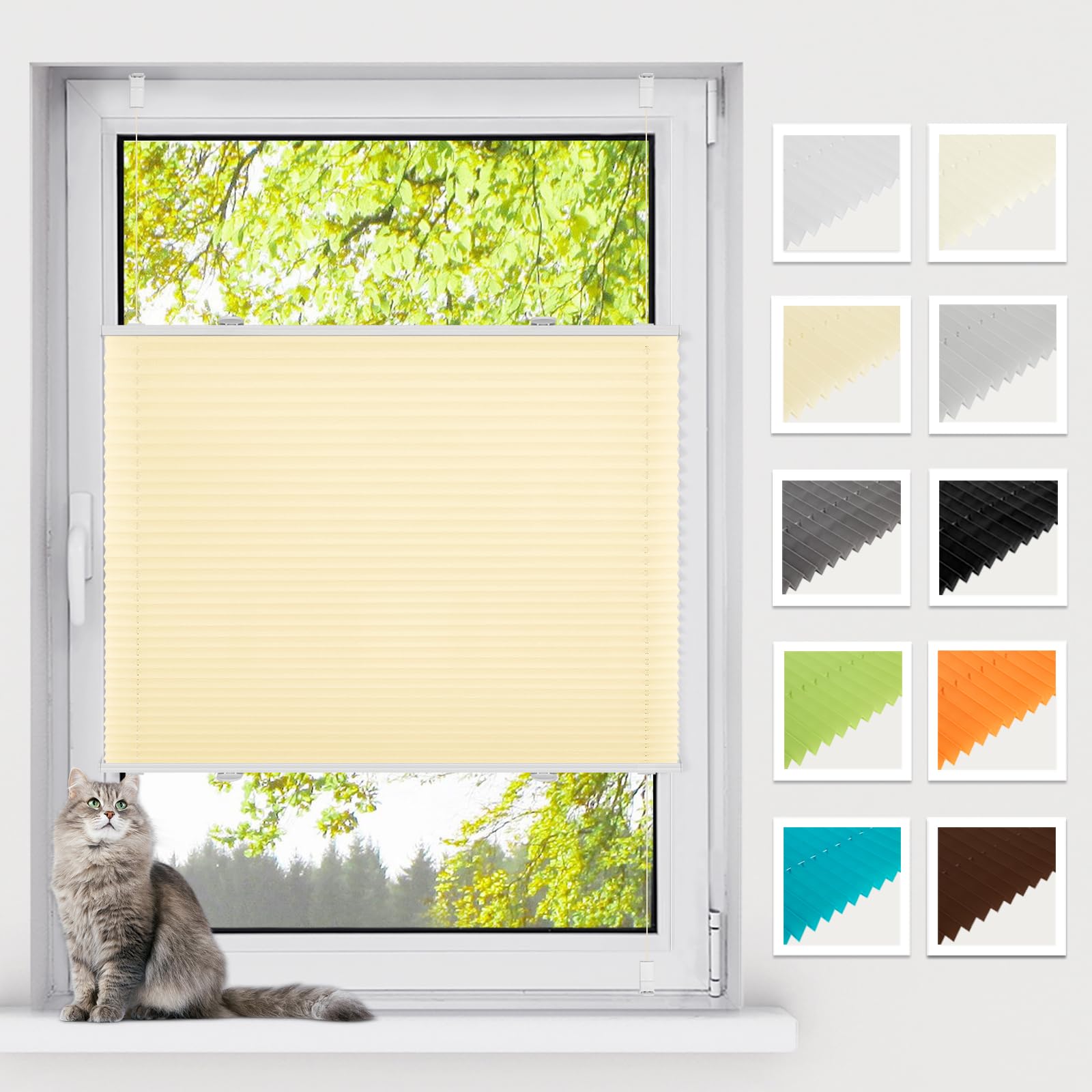 BelleMax Plissee ohne Bohren Klemmfix, Creme 40x130cm(BxH), Sonnenschutz und Easyfix lichtdurchlässig Sichtschutz, Faltrollo für Tür & Fenster, Plisseerollo mit Klemmträger