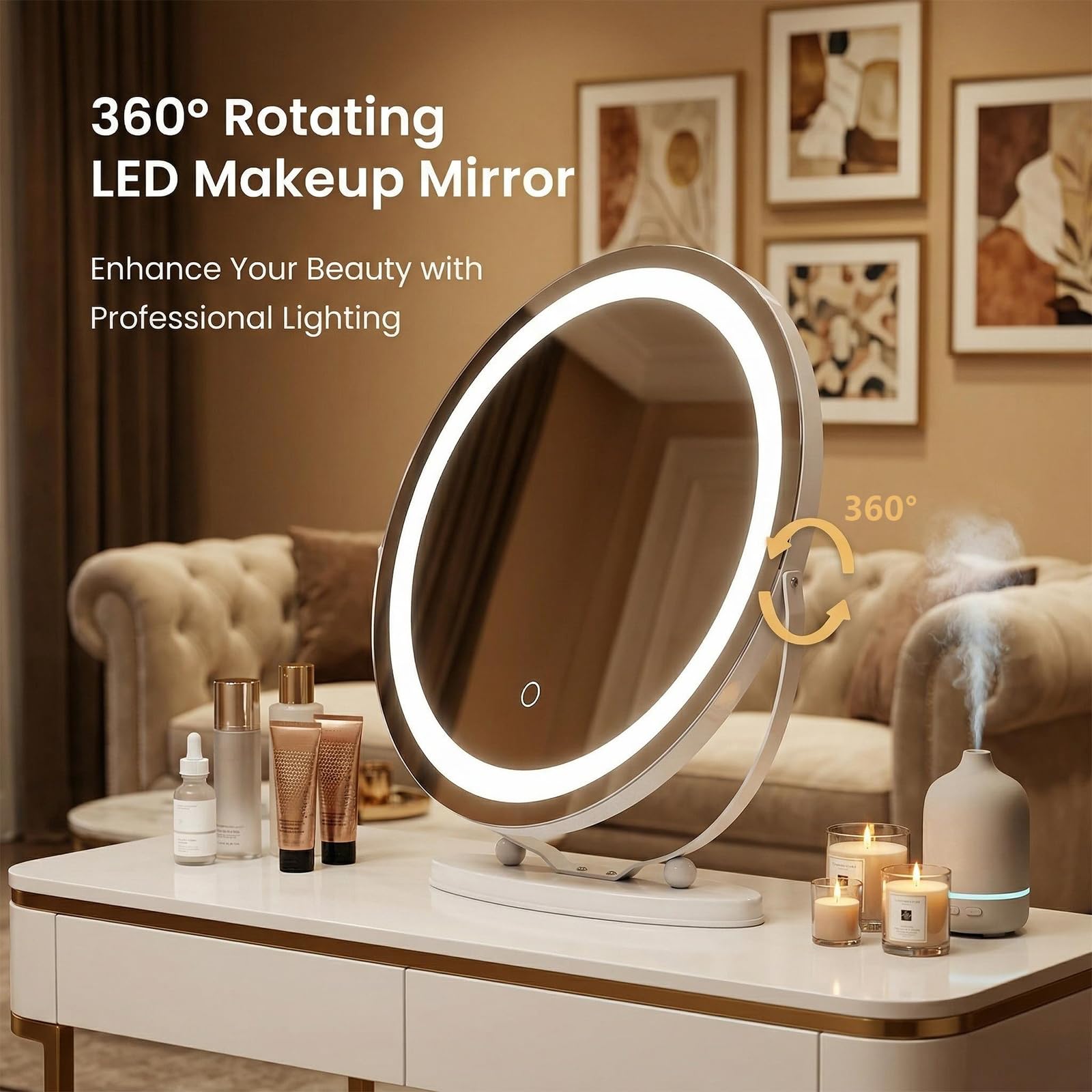 Miroir de courtoisie Hollywood avec lumières,Miroir de Maquillage Rond à Del de 48 cm avec 3 Modes d'éclairage, grossissement x10,contrôle Tactile,lumière à intensité Variable,Blanc