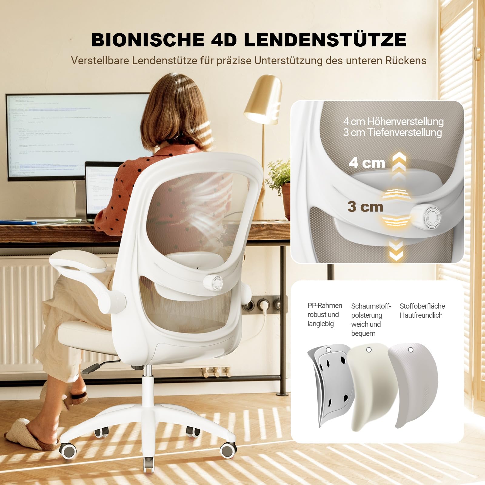 MELOKEA Schreibtischstuhl mit bionischer 4D-Lendenstütze und Klapparmlehnen | Bürostuhl Ergonomisch mit 100° hochklappbarer Armlehne, Office Chair Höhenverstellbar, Mesh Computerstuhl, Grau beige