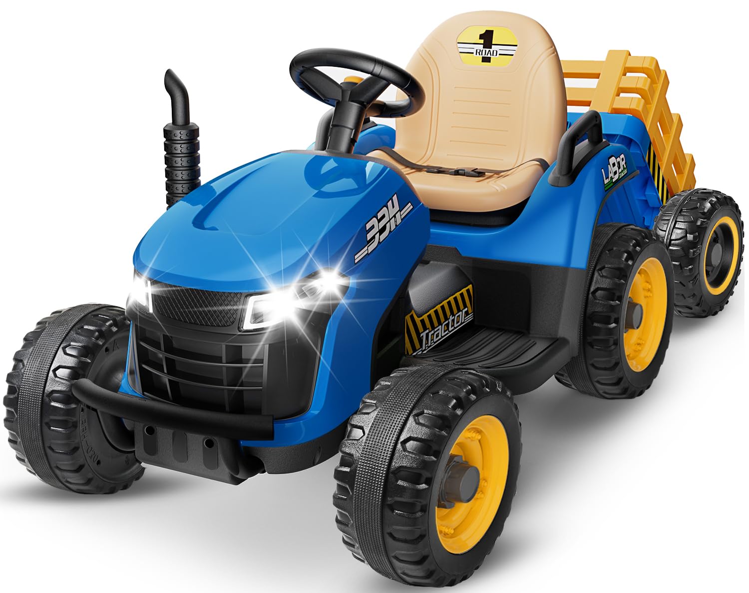 ARBELI 24V Ride On Tractor w/Tiltable & Detachable Trailer, 2x65W Motors, EVA Tires, Remote Control, Bluetooth, Shifter, Music, Electric Car for Kids Ages 2-5, Blue