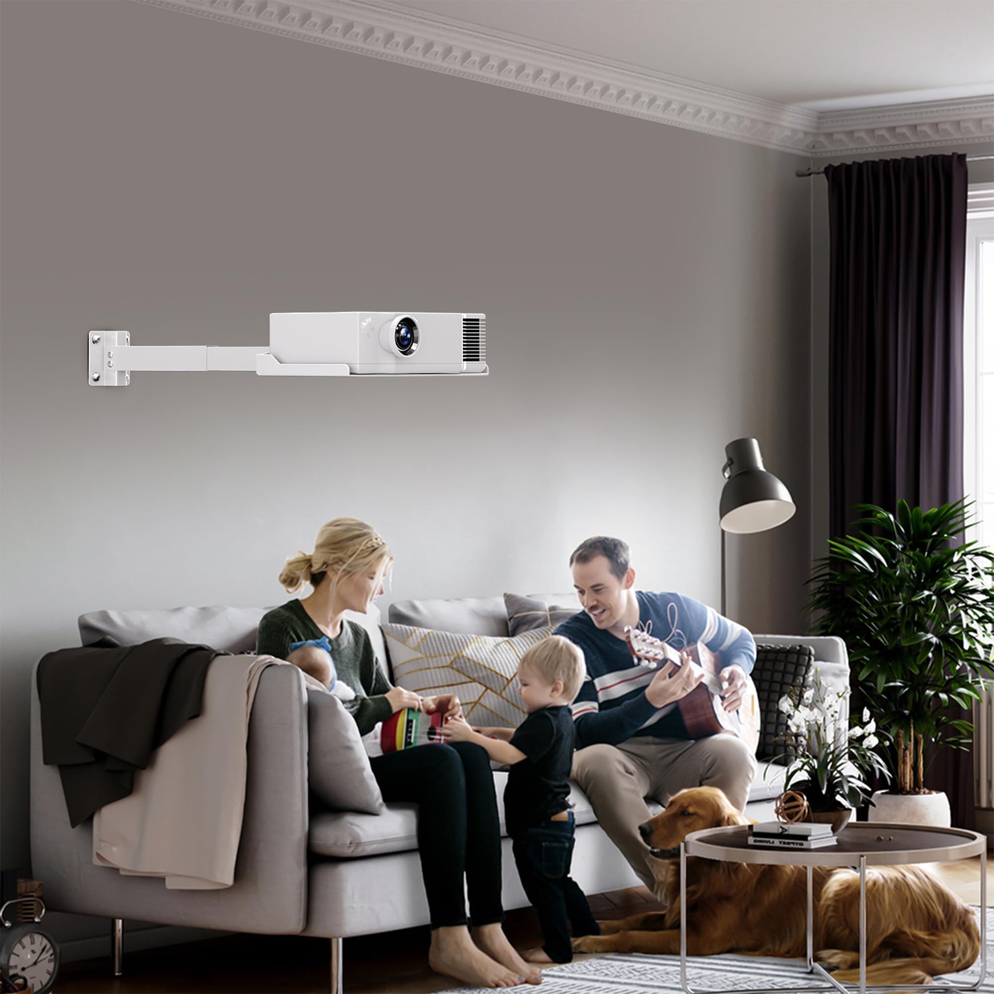 PUTORSEN Supporto Proiettore Soffitto e Parete - Staffa Proiettore Regolabile in Altezza,Installazione Senza Foratura,Gestione dei Cavi Nascosta,Supporto Fino a 10 kg,Bianco