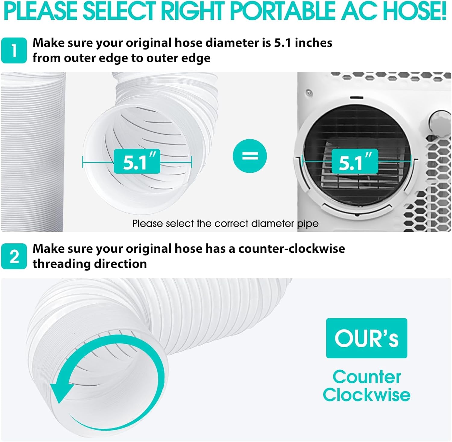 5.1 Inch Portable AC Exhaust Hose – Flexible Vent Hose for De'Longhi PAC EX120 / N120 / CN120 – 78" Heavy Duty Replacement Hose (Counter Clockwise Thread)