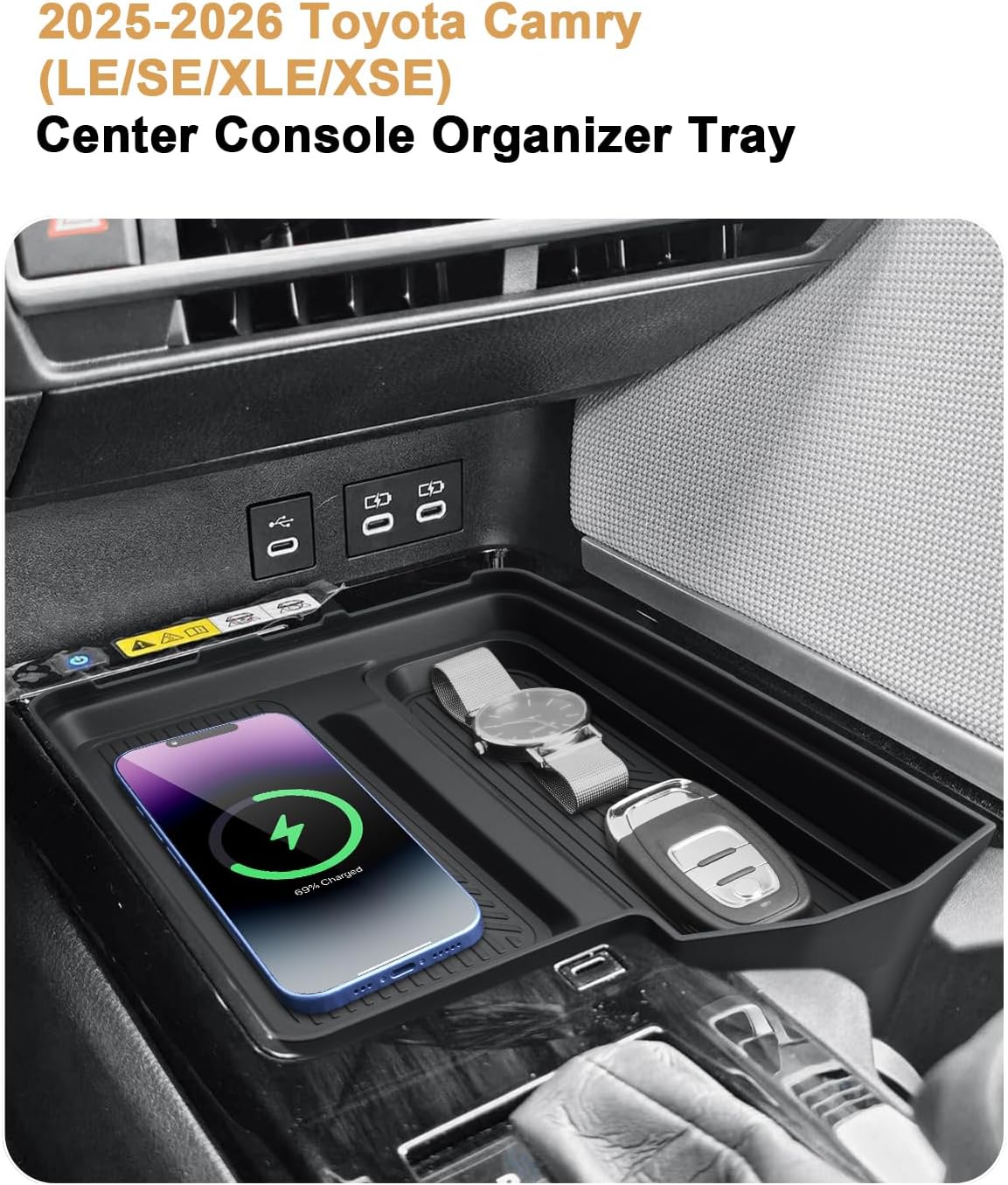 2026 Camry Center Console Organizer - One-piece Molding Center Console Storage Tray & Wireless Charging Area Pad For 2025-2026 Toyota Camry(LE/SE/XLE/XSE) Accessories - Durable ABS & TPE Material image 2